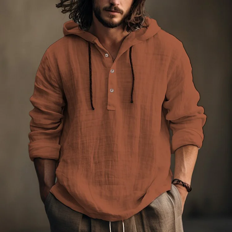 Casual Buttons Detail Drawstring Hooded Long Sleeve Shirt