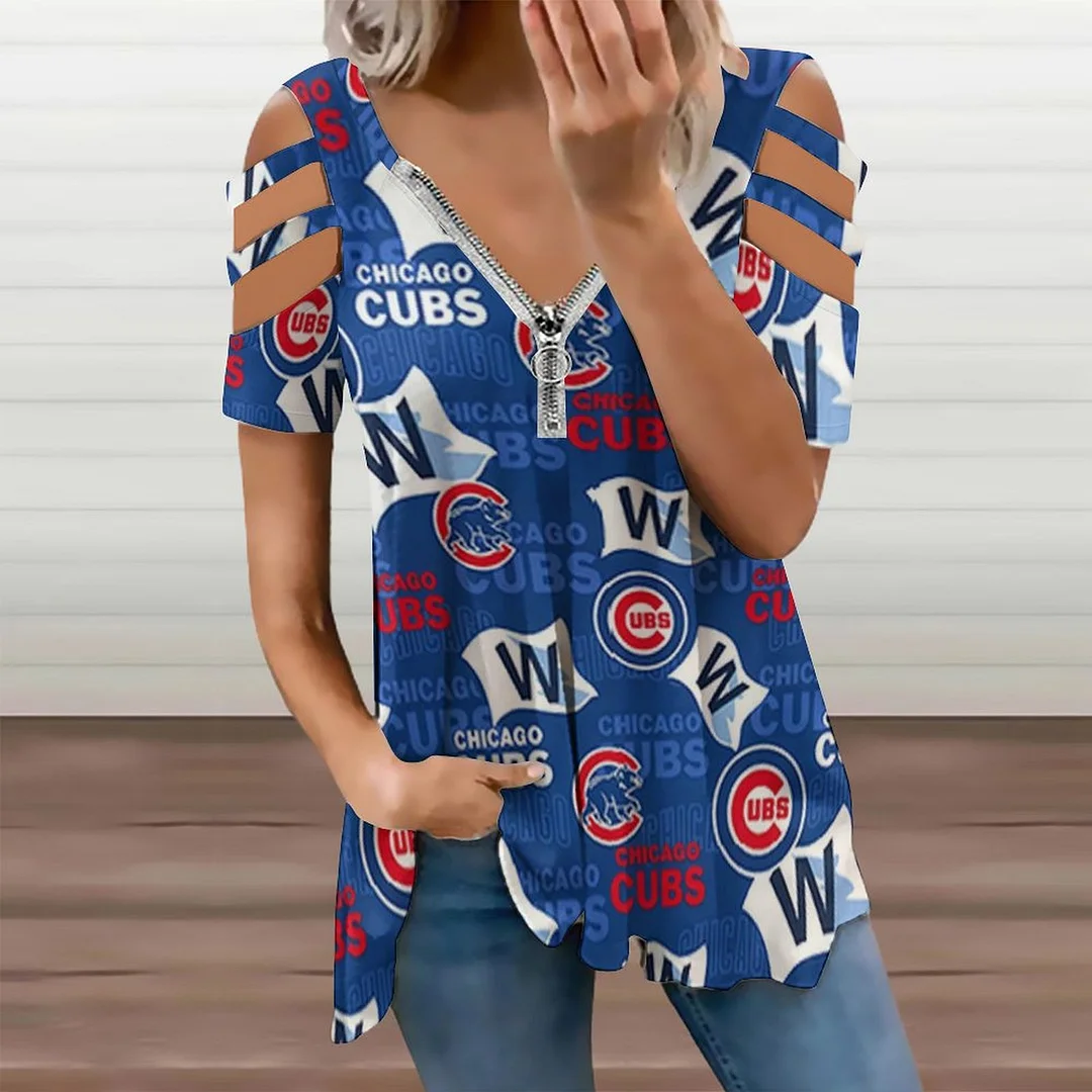 Shoulder Off V-neck Zipper Front Short Sleeve Casual T-shirt for Women Printed with Pattern,Blue,Red