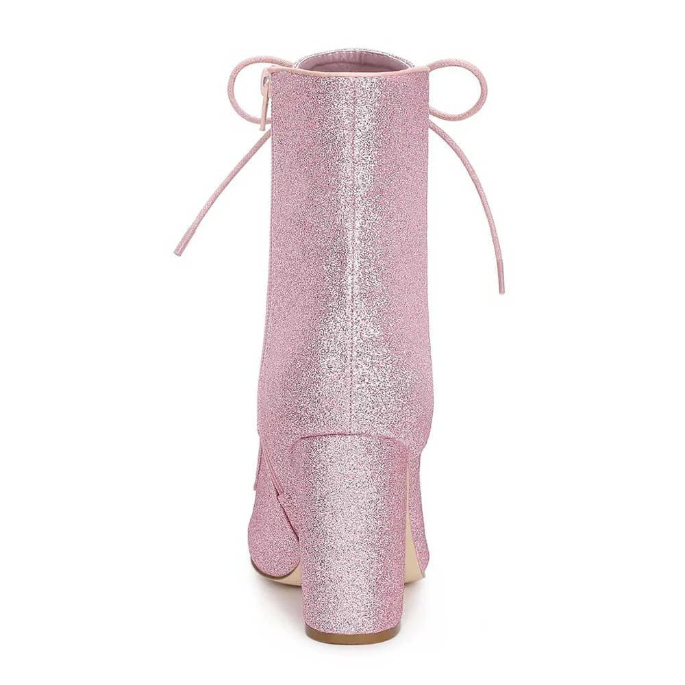 Pink Pointed Toe Side Zipper Lace Up Booties for Women with Glitter
