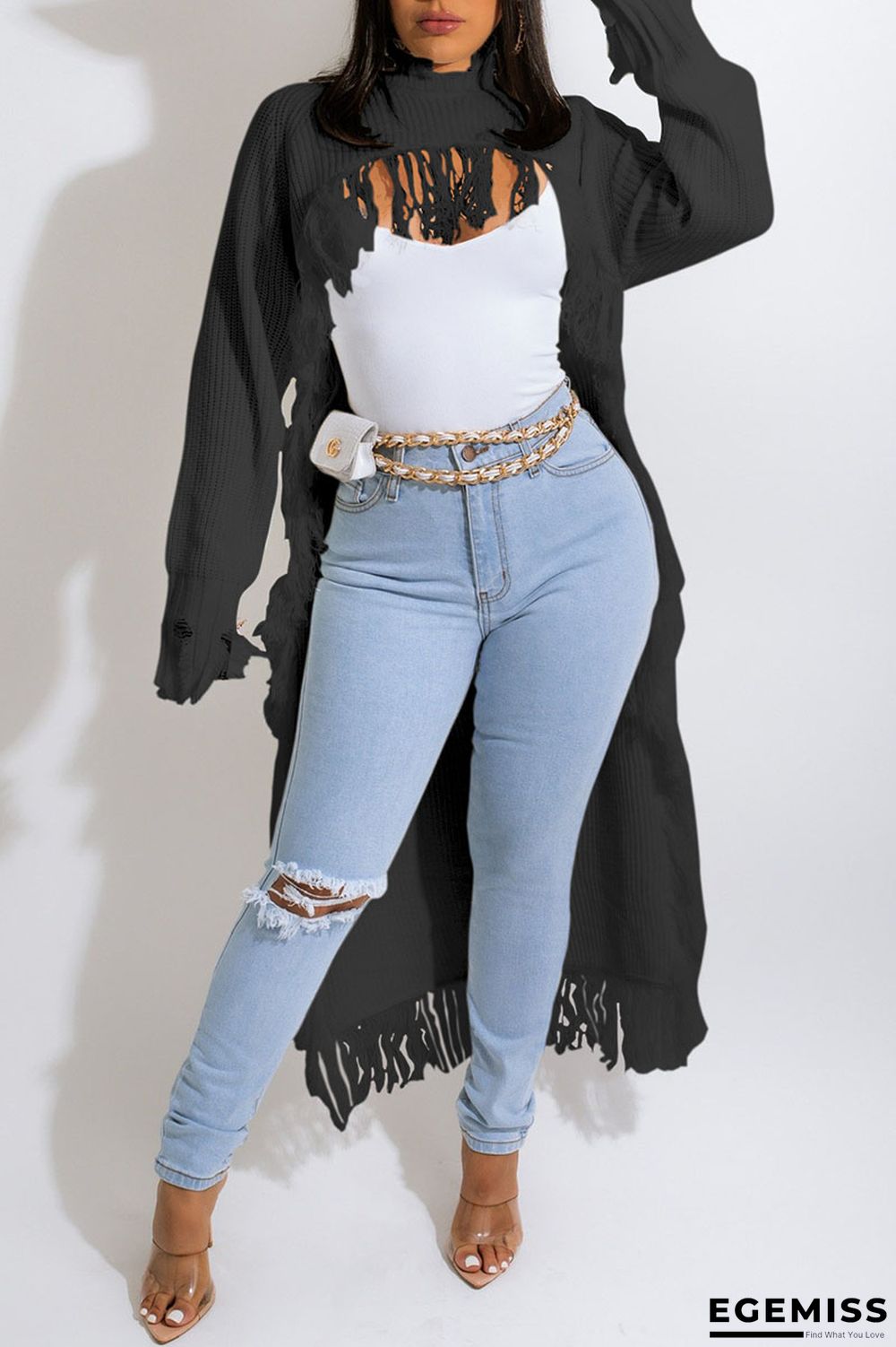 Black Casual Solid Tassel Patchwork Asymmetrical Half A Turtleneck Tops | EGEMISS