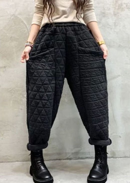 Organic Black Elastic Waist Thick Pockets Casual Winter Pants CK2760- Fabulory