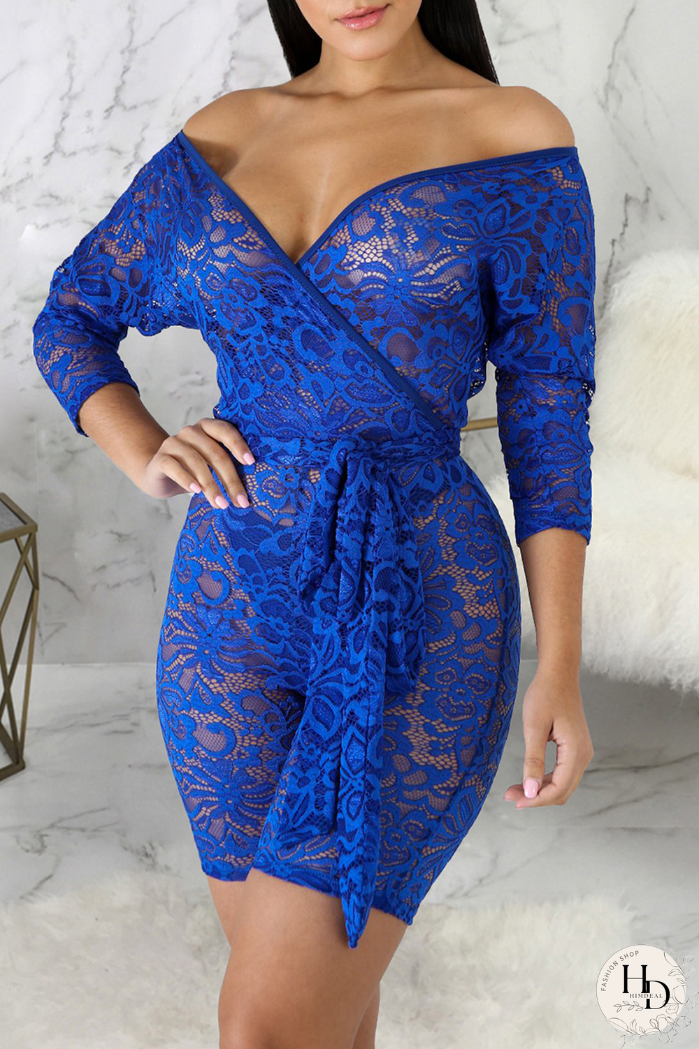 Blue Sexy Solid Mesh V Neck Skinny Jumpsuits