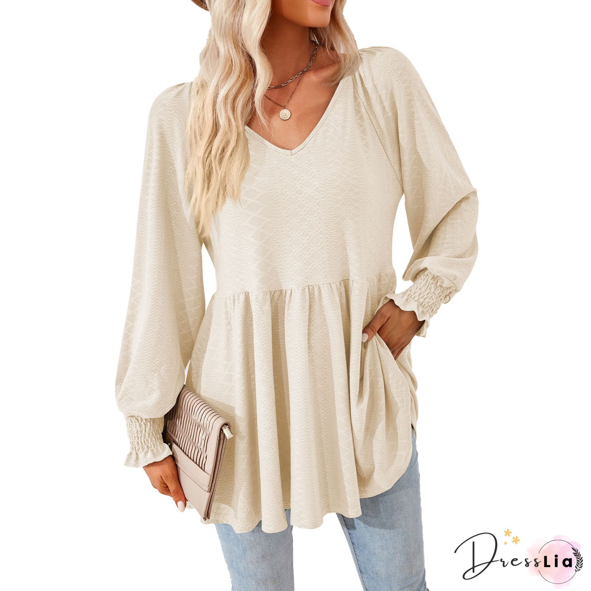 V Neck Polka Dots Long Sleeve Holiday Blouses