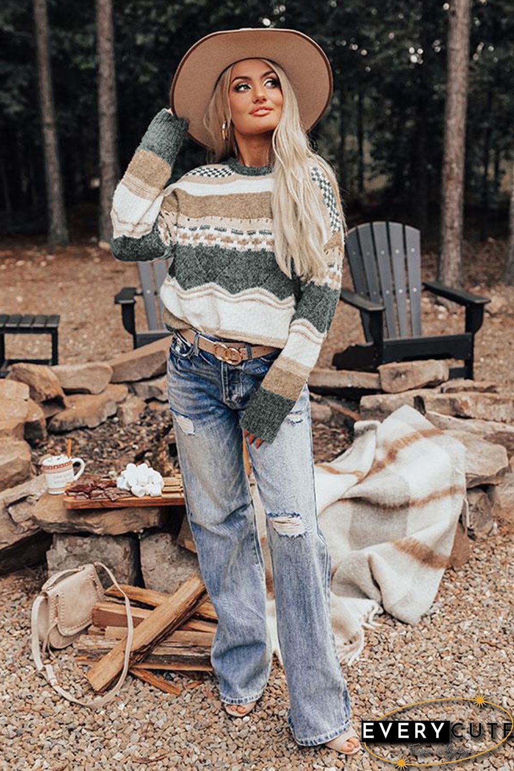 Khaki Chunky Striped Knit Sweater