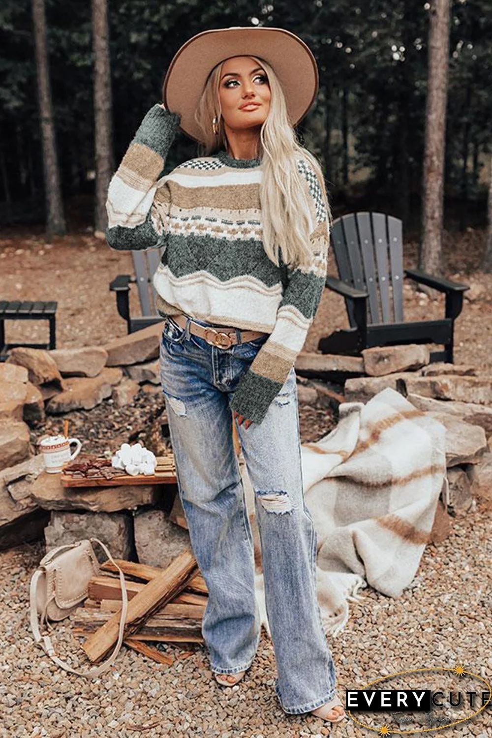 Khaki Chunky Striped Knit Sweater