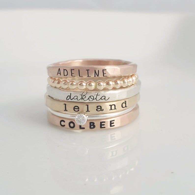 Stackable Name Rings - Set of Four Birthstone Ring Gift to Birthday,Her, Girlfriend, Friend, Family