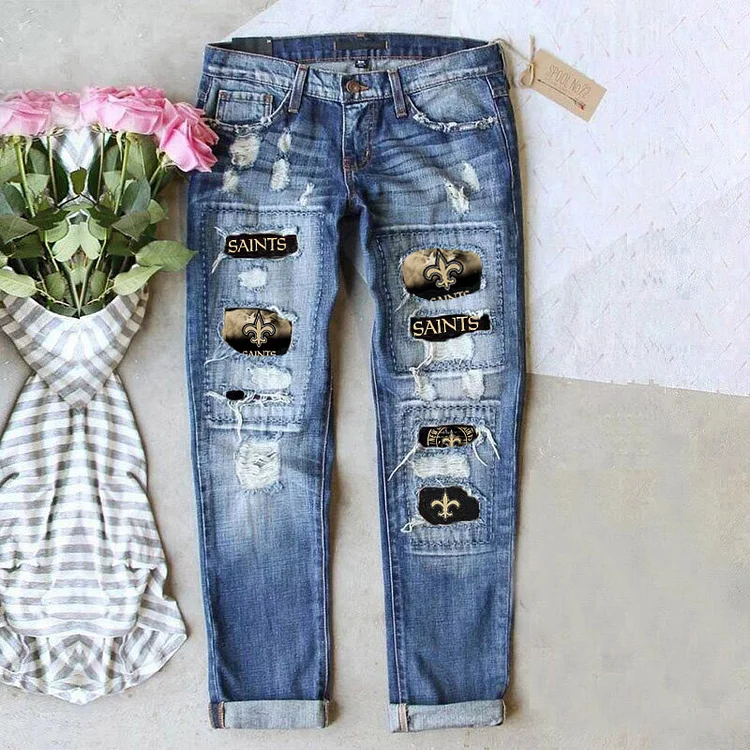 casual fashion perforated printed jeans