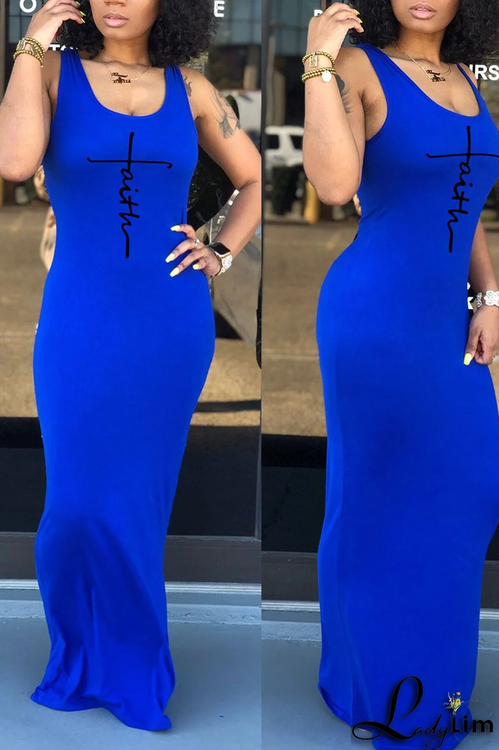 Fluorescent Yellow Casual Print Split Joint U Neck Straight Dresses