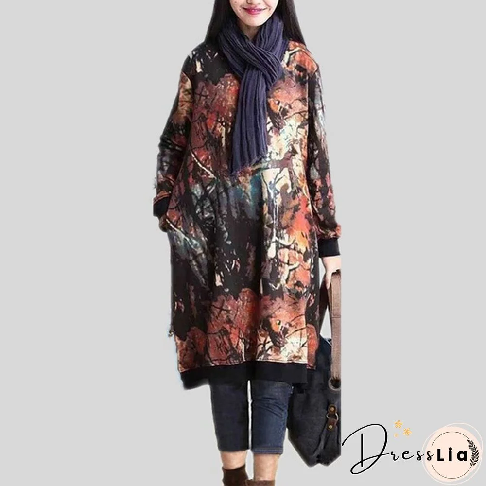 Autumn Winter Women Printed Midi Dress Tunic Long Sleeve Pockets Warm Vintage Casual Loose Long Sweatshirt Dress Plus Size