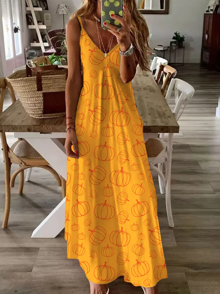 VChics Pumpkins Pattern Print V Neck Cami Maxi Dress