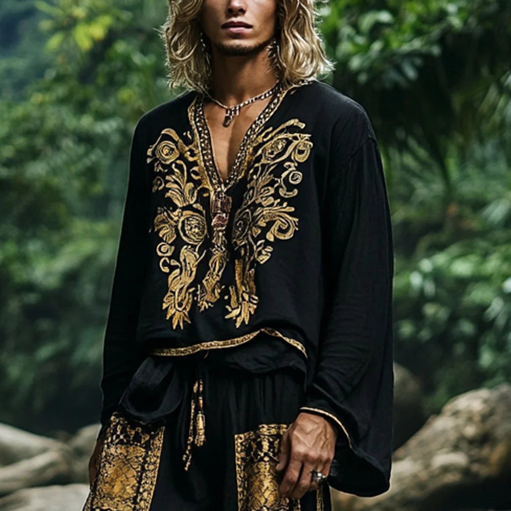 Men's Bohemian Holiday Style Vintage Ethnic Totem Printed Cotton And Linen Casual Tops-inspireuse