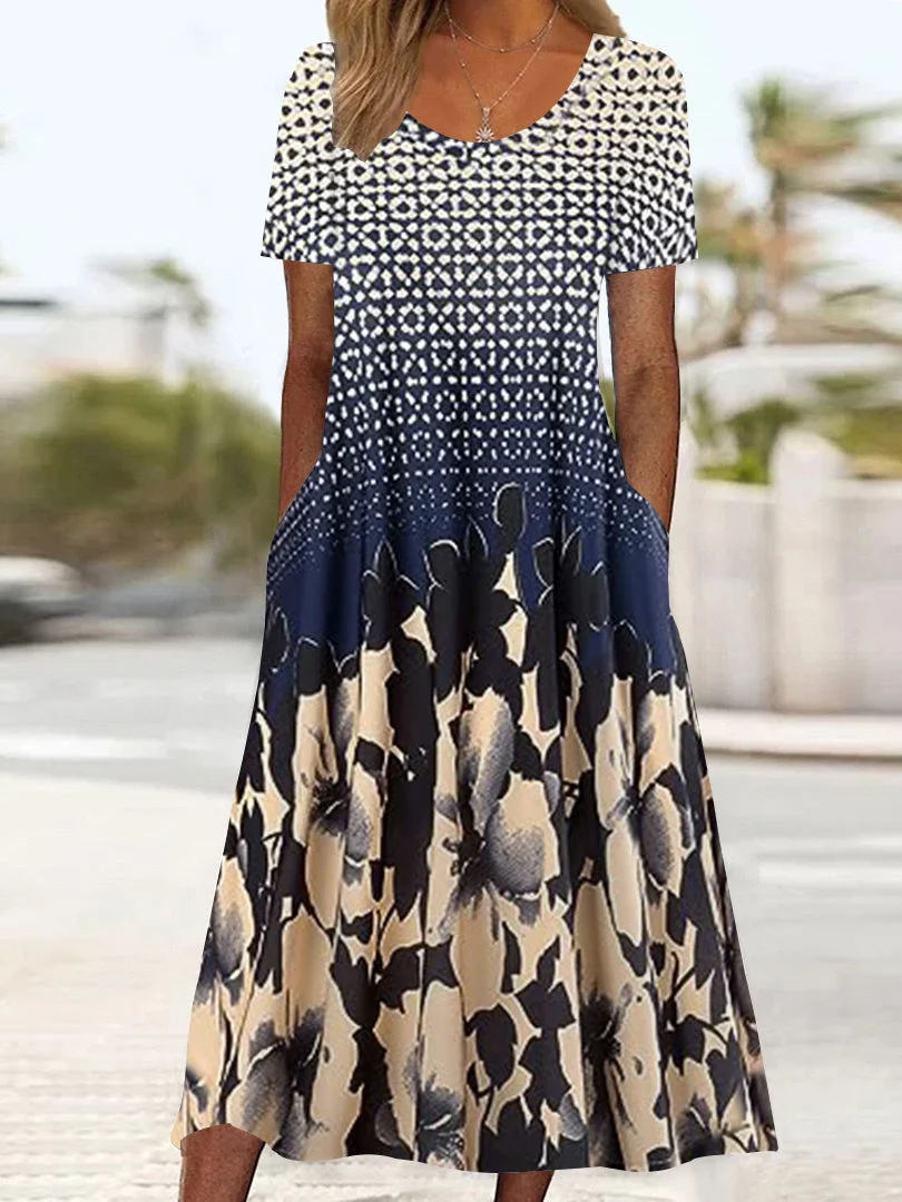 Women's Short Sleeve Scoop Neck Graphic Floral Printed Midi Dress
