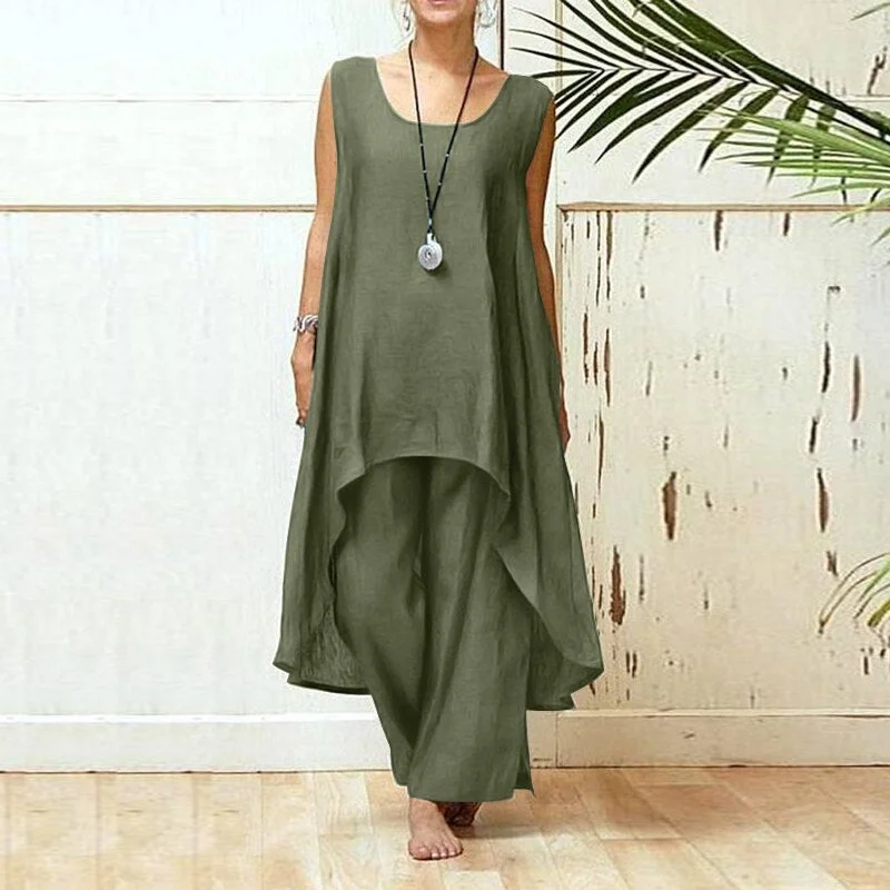 Fashion Matching Sets 2022 ZANZEA Summer Women's Tracksuit Casual Sleeveless Asymmetrical Blouse Suits 2PCS Loose Pant Sets