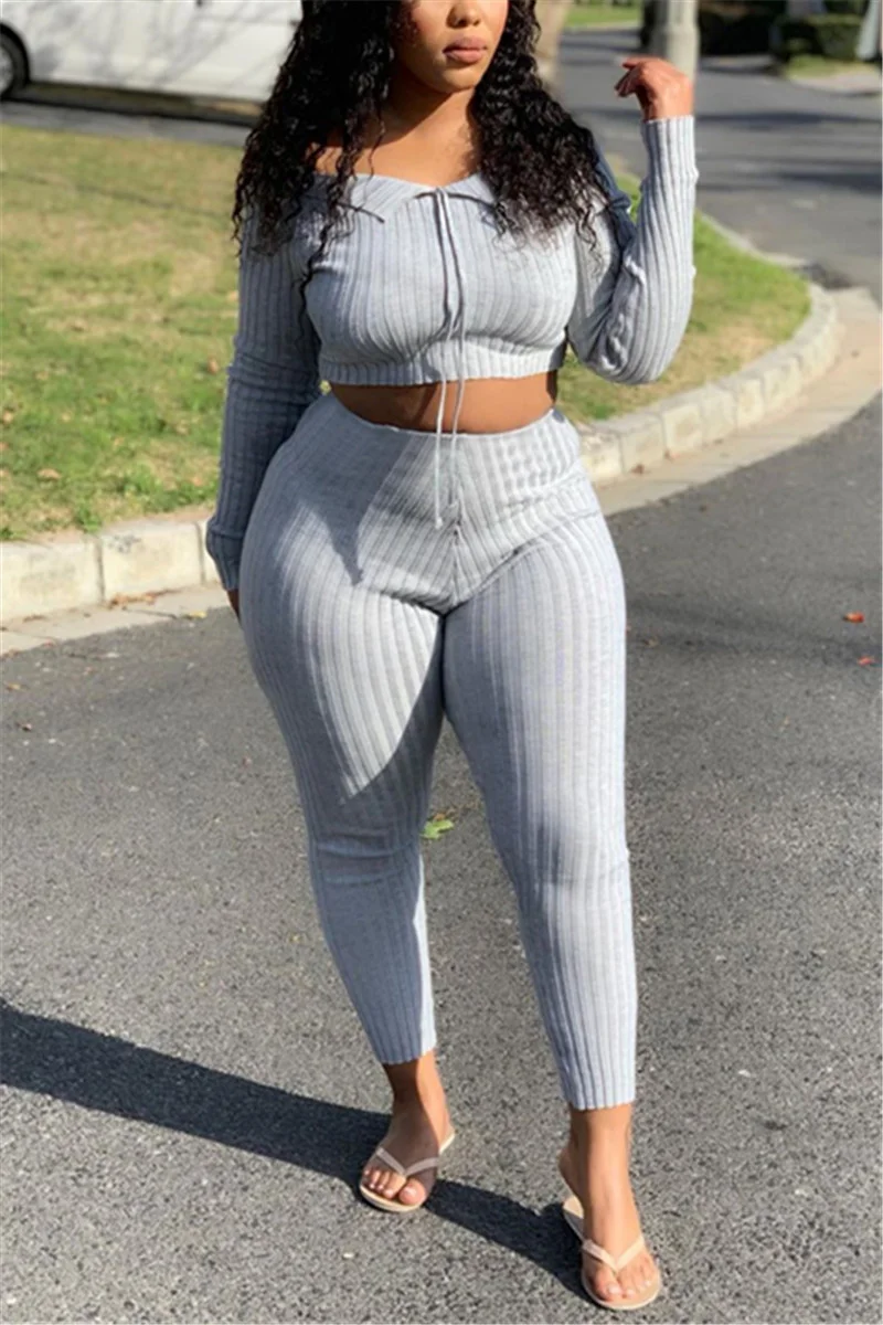Grey Sexy ruffle Two Piece Suits Solid pencil Long Sleeve Two-piece Pants Set | EGEMISS
