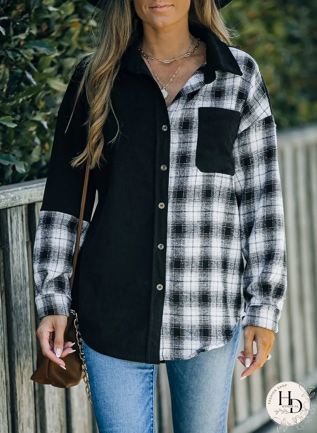 Double Take Plaid Color Block Dropped Shoulder Corduroy Shacket