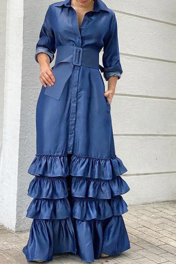 Solid Color Pretty Belted Tiered Ruffle Maxi Dress