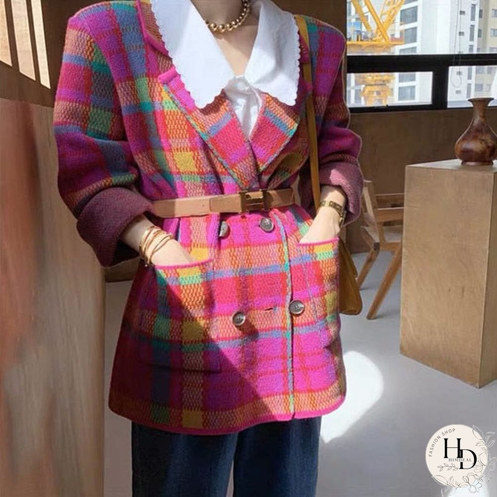Fashion Bright Pink Green Plaid Knit Suit Korean Elegant Notched Collar Belted Vintage Jacket Autumn Winter Women's Suits