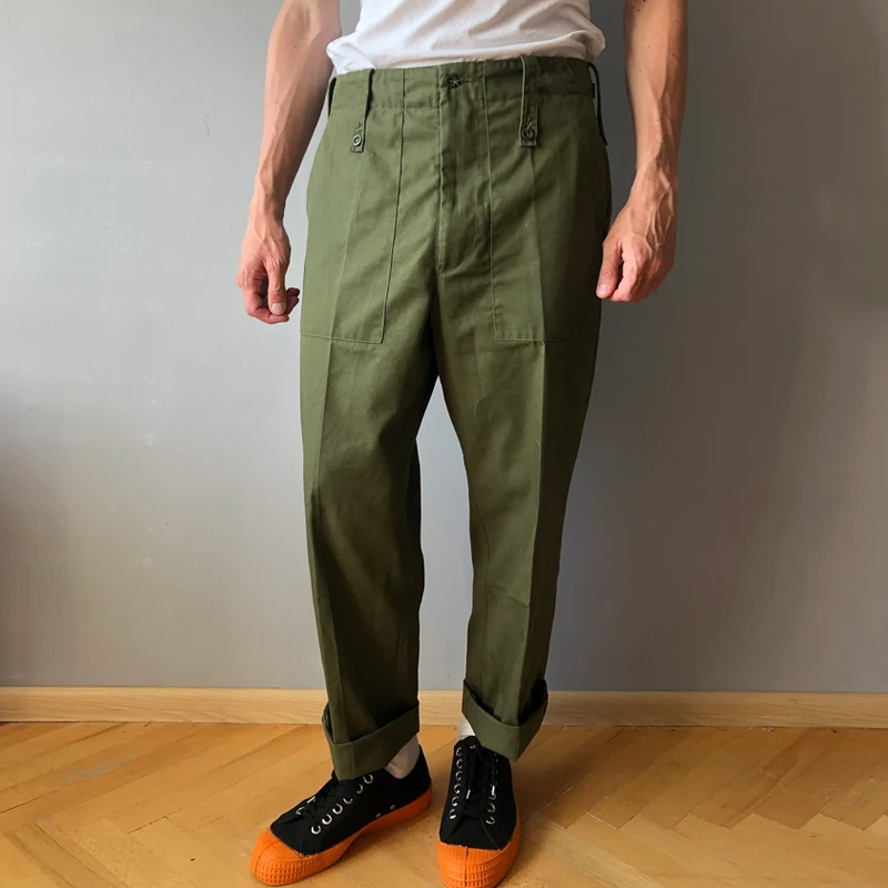 Men's Cotton Army Green High Waist Twill Straight Pants