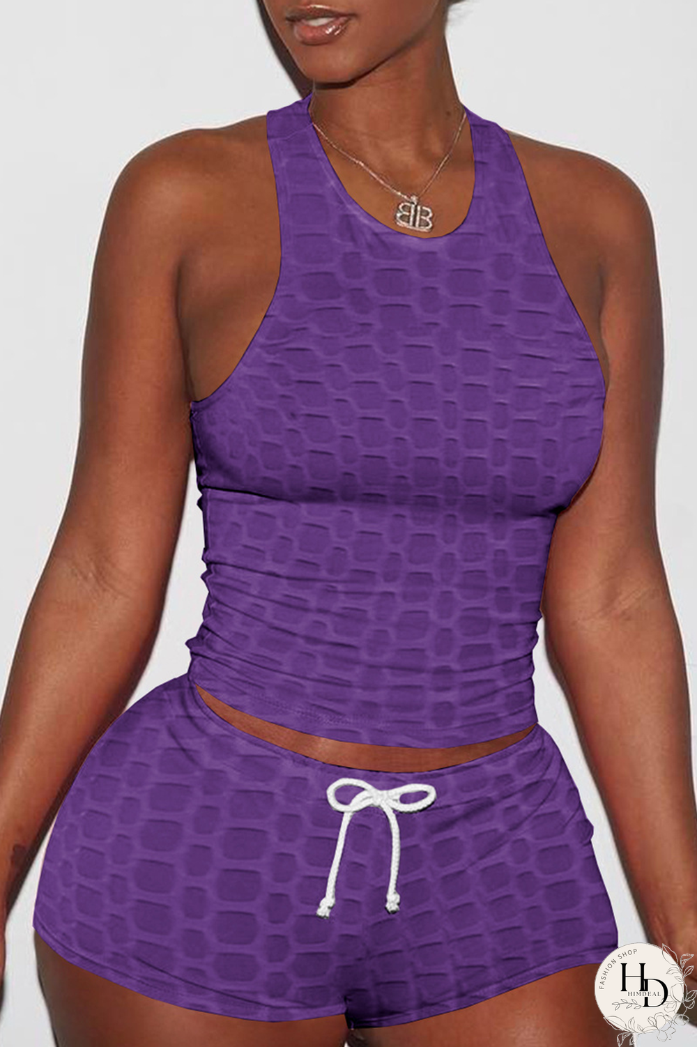 Pink Sexy Solid Backless O Neck Sleeveless Two Pieces