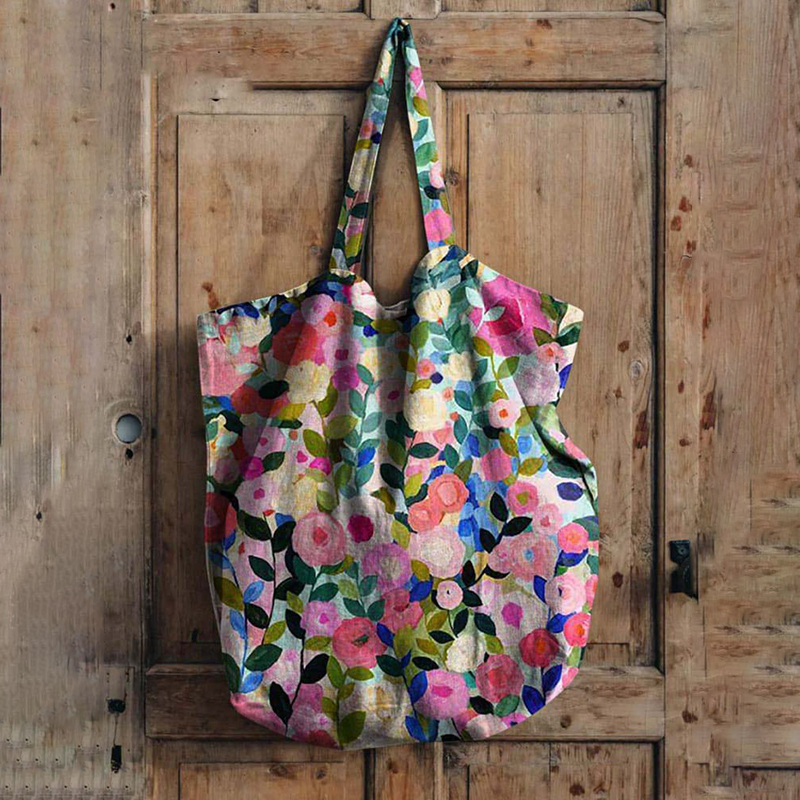 Comstylish Colorful Spring Floral Garden Printed Linen Tote Bag