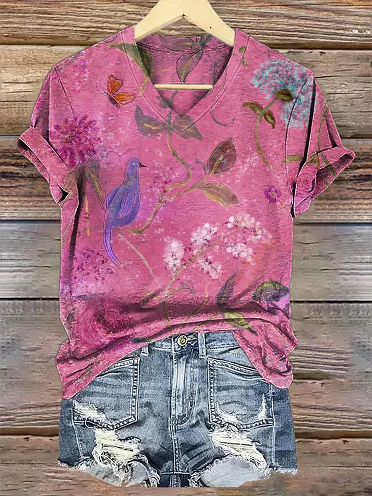 Women's Vintage Floral Bird Art Print V-neck Casual T-Shirt