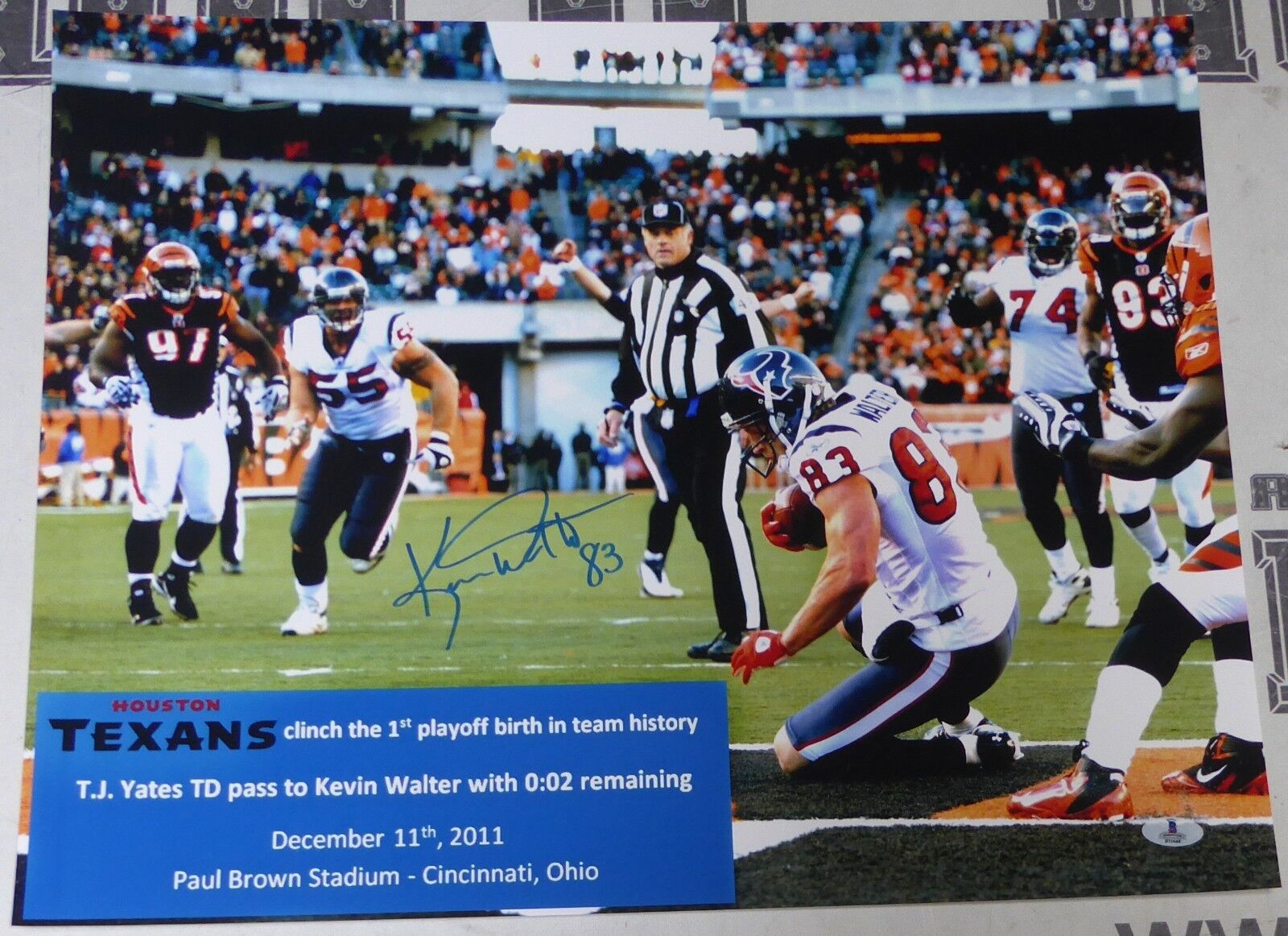 Kevin Walter Signed Texans Football 16x20 Photo Poster painting BAS COA 2011 1st Playoff Birth