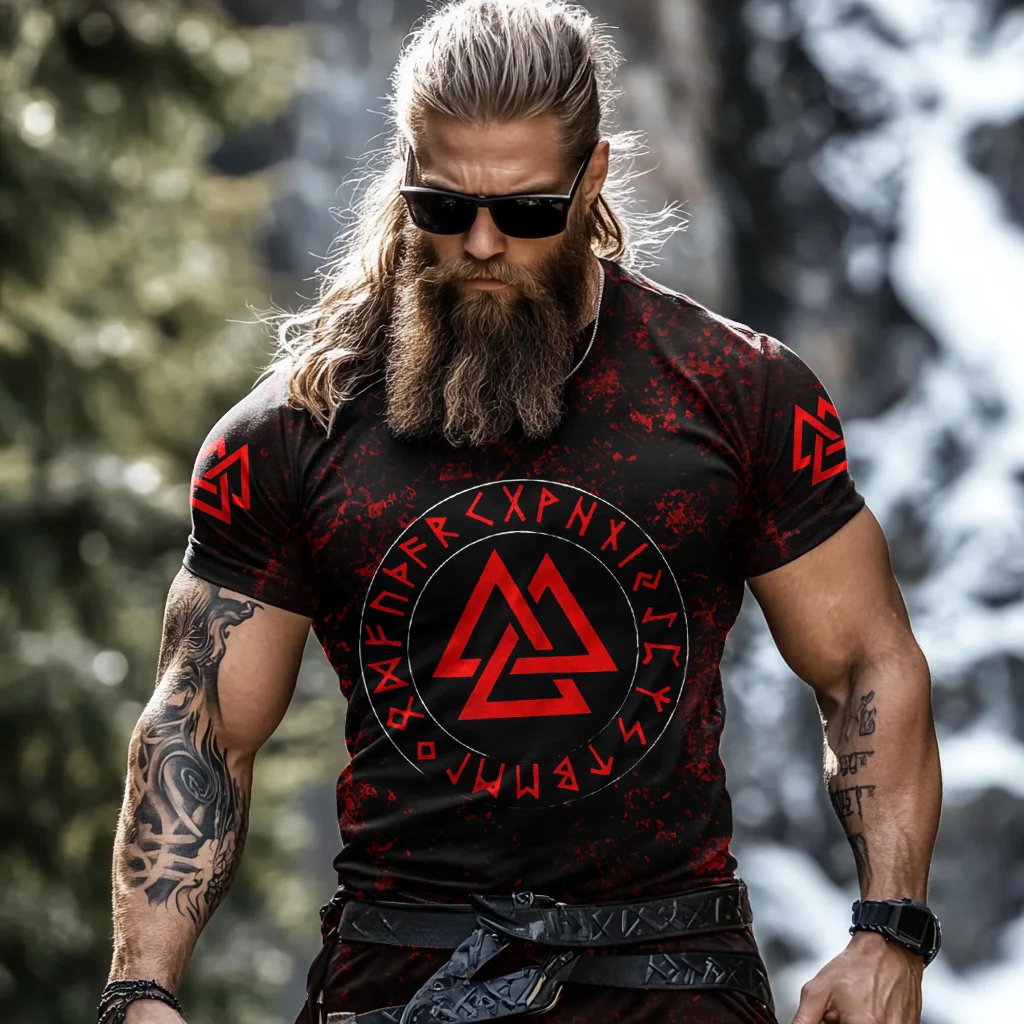 Retro Viking Rune Print Short Sleeve T-shirt