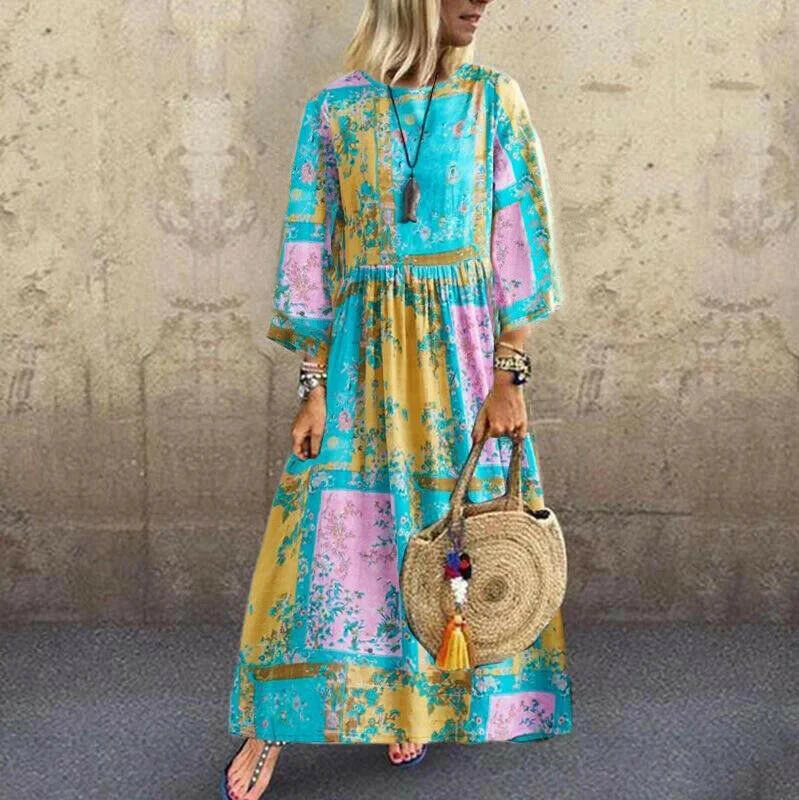 2019 New Women Boho Floral Long Maxi Sundress Ladies O-neck Long Sleeve Holiday Kaftan Casual Beach Sundress Plus Size