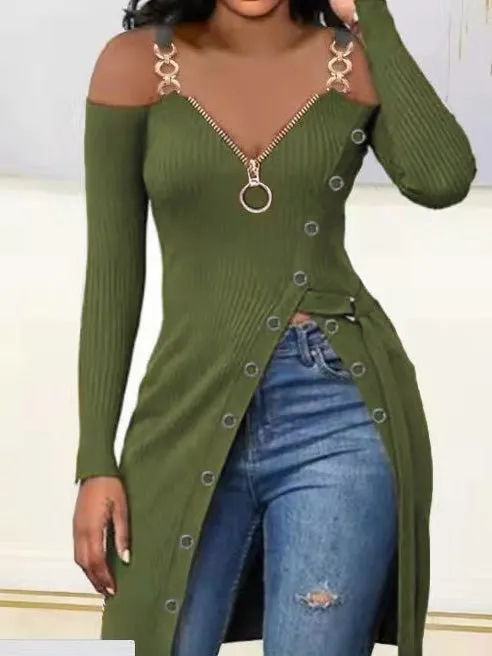 Women's T-Shirts V-Neck Zip Sling Long Sleeve High Slit T-Shirt
