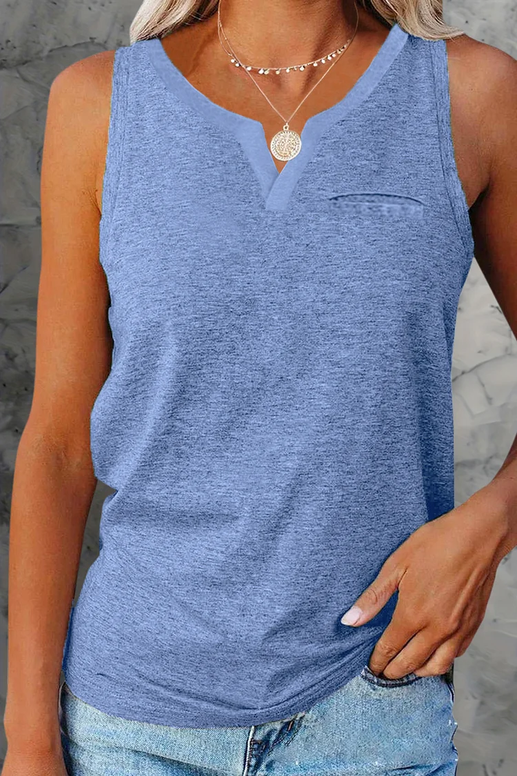 Pocket Detail Notched Neck Tank Top