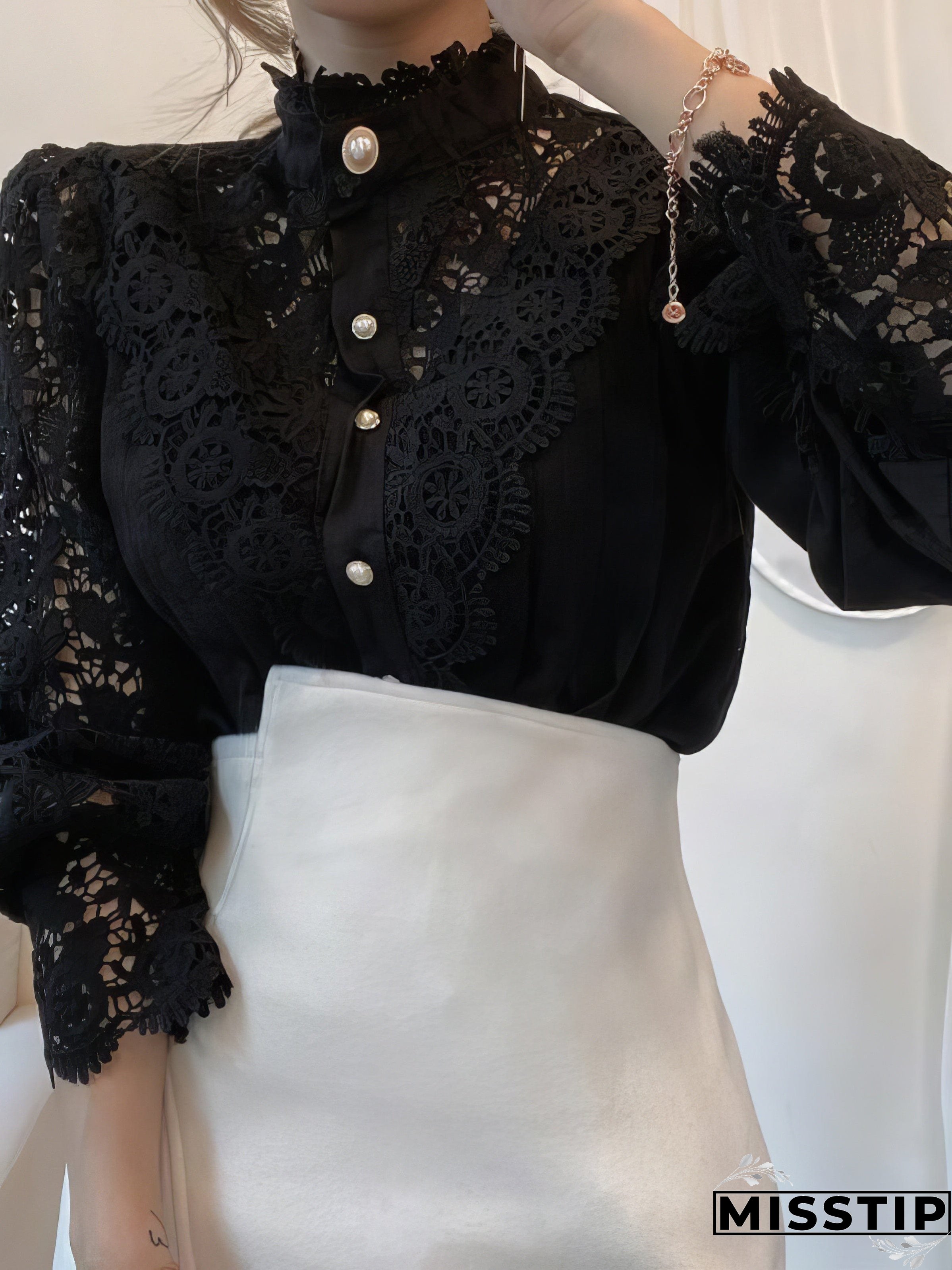White Lace Blouse with Stand Collar and Pearl Buttons