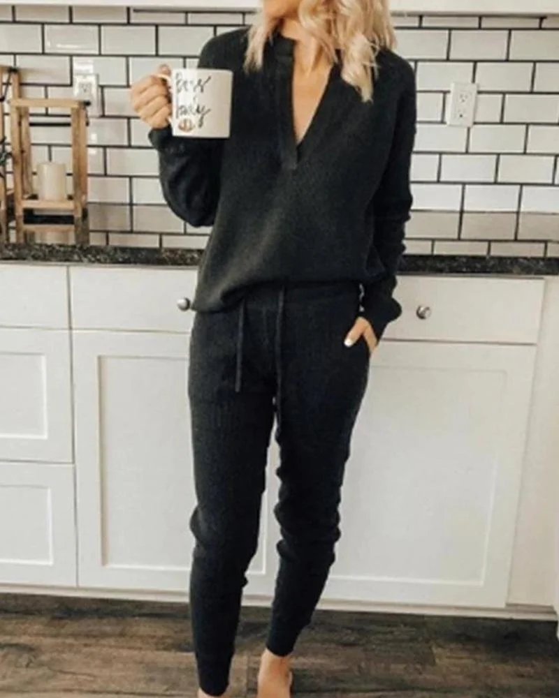 Elegant V-Neck Top+Pants Suits