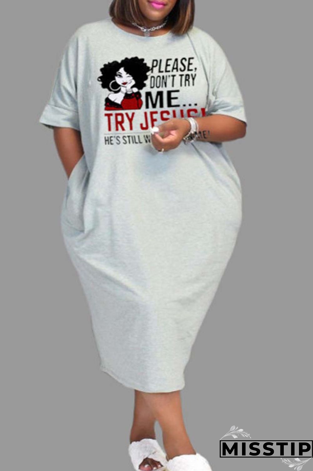 Plus Size Light Gray Casual Print Basic O Neck Short Sleeve Dress Dresses
