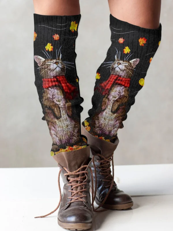 Retro cat casual print knit boot cuffs leg warmers