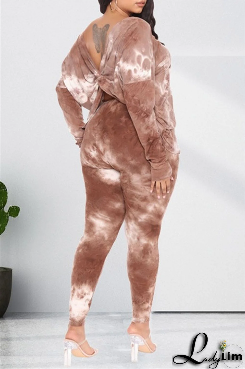 Light Coffee Fashion Casual Print Tie Dye Backless O Neck Long Sleeve Two Pieces