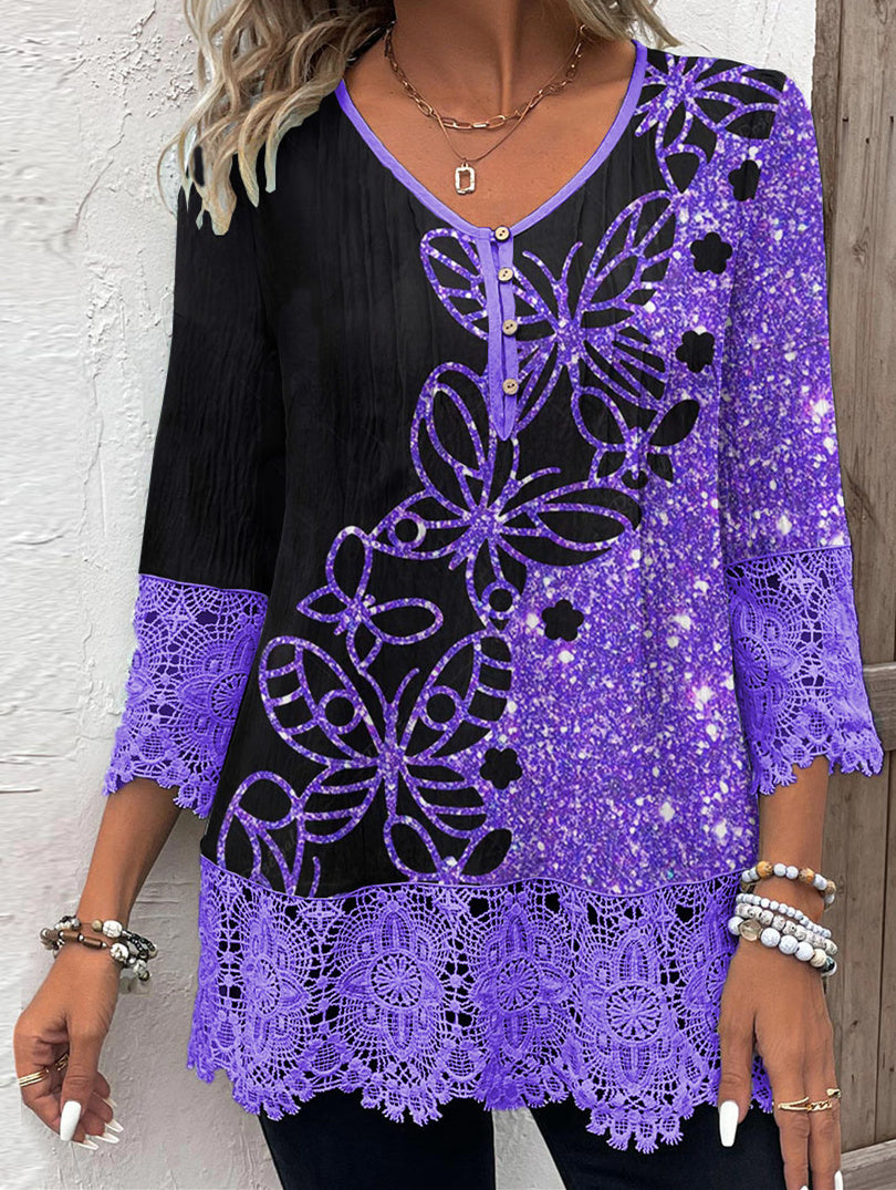 Women Long Sleeve V-neck Graphic Floral Printed Top