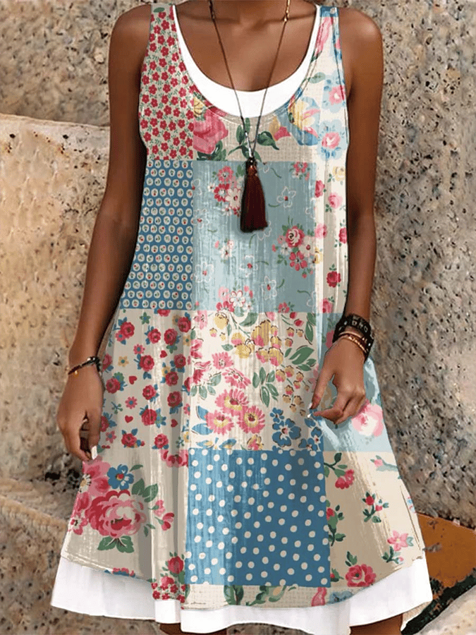 Women's Retro Botanical Floral Patchwork Art Print Sleeveless Casual Dress 