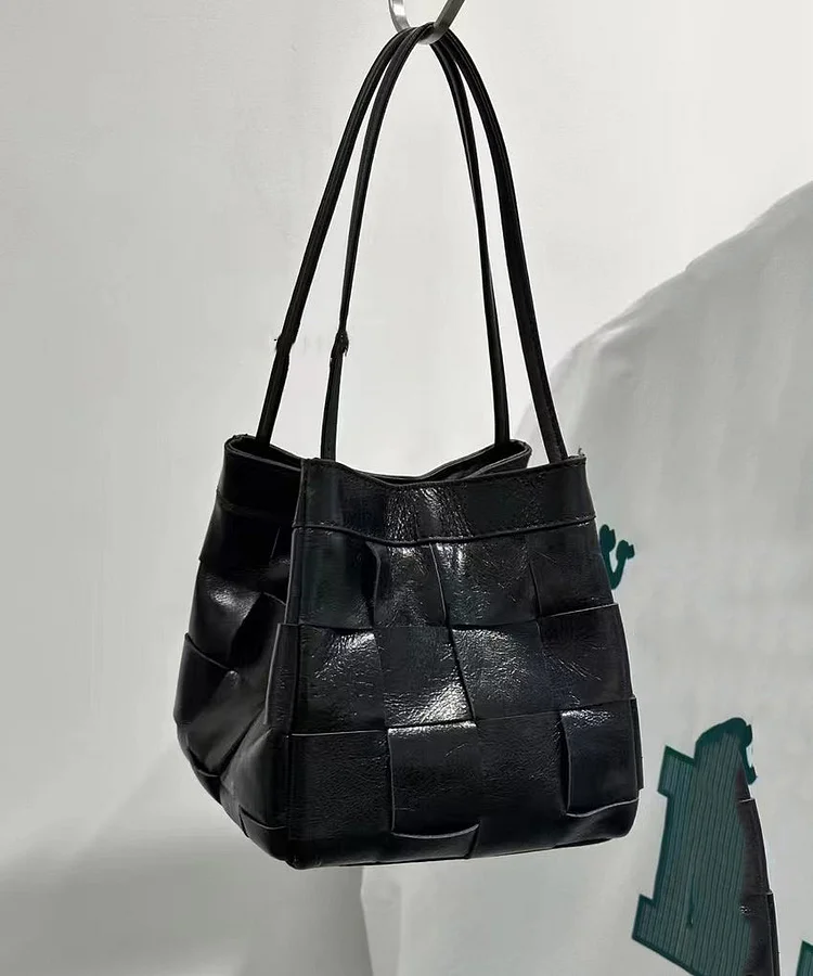 Handmade Black Plaid Patchwork Faux Leather Satchel Handbag