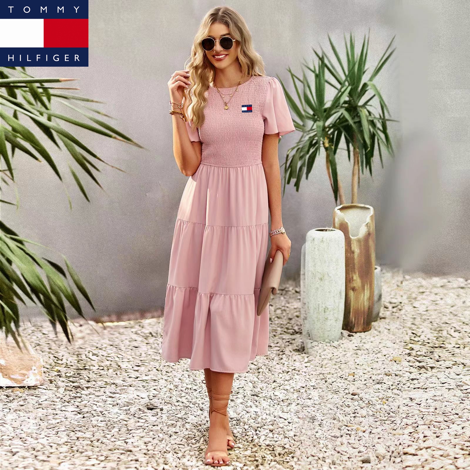 Vestido Tommy Hilfiger primavera/verão com decote redondo e cintura subida