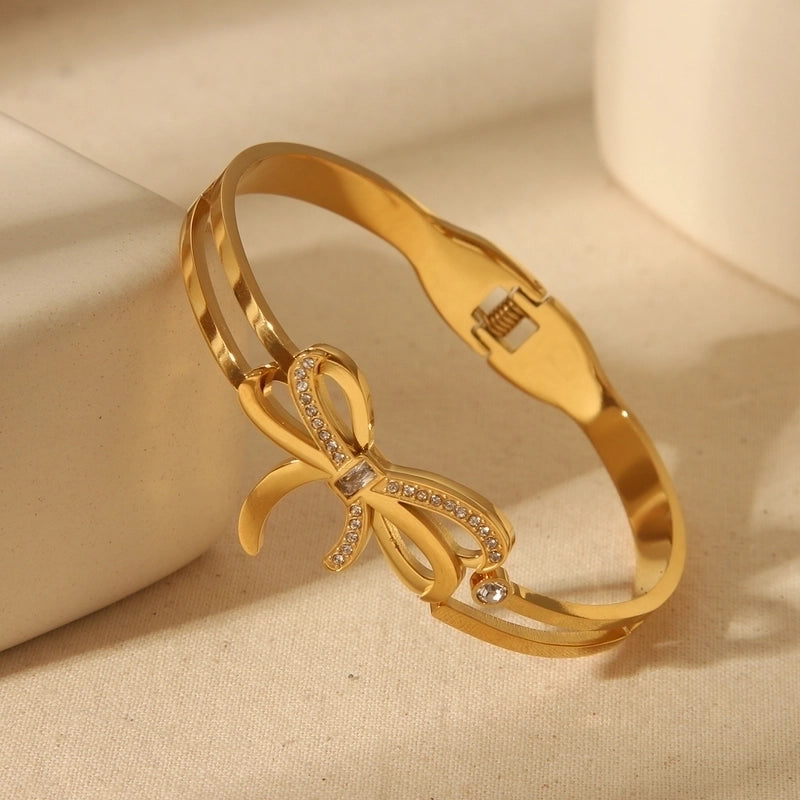 Vintage Style Classic Style Commute Solid Color Bow Knot 304 Stainless Steel 18K Gold Plated Bangle In Bulk3