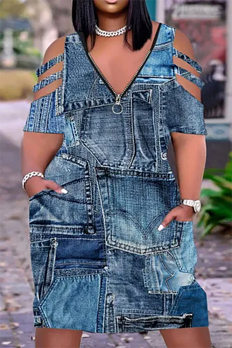 Plus Size Casual Dress Deep Blue Patchwork Print Zip Loose Cold Shoulder Midi Dresses With Pocket 