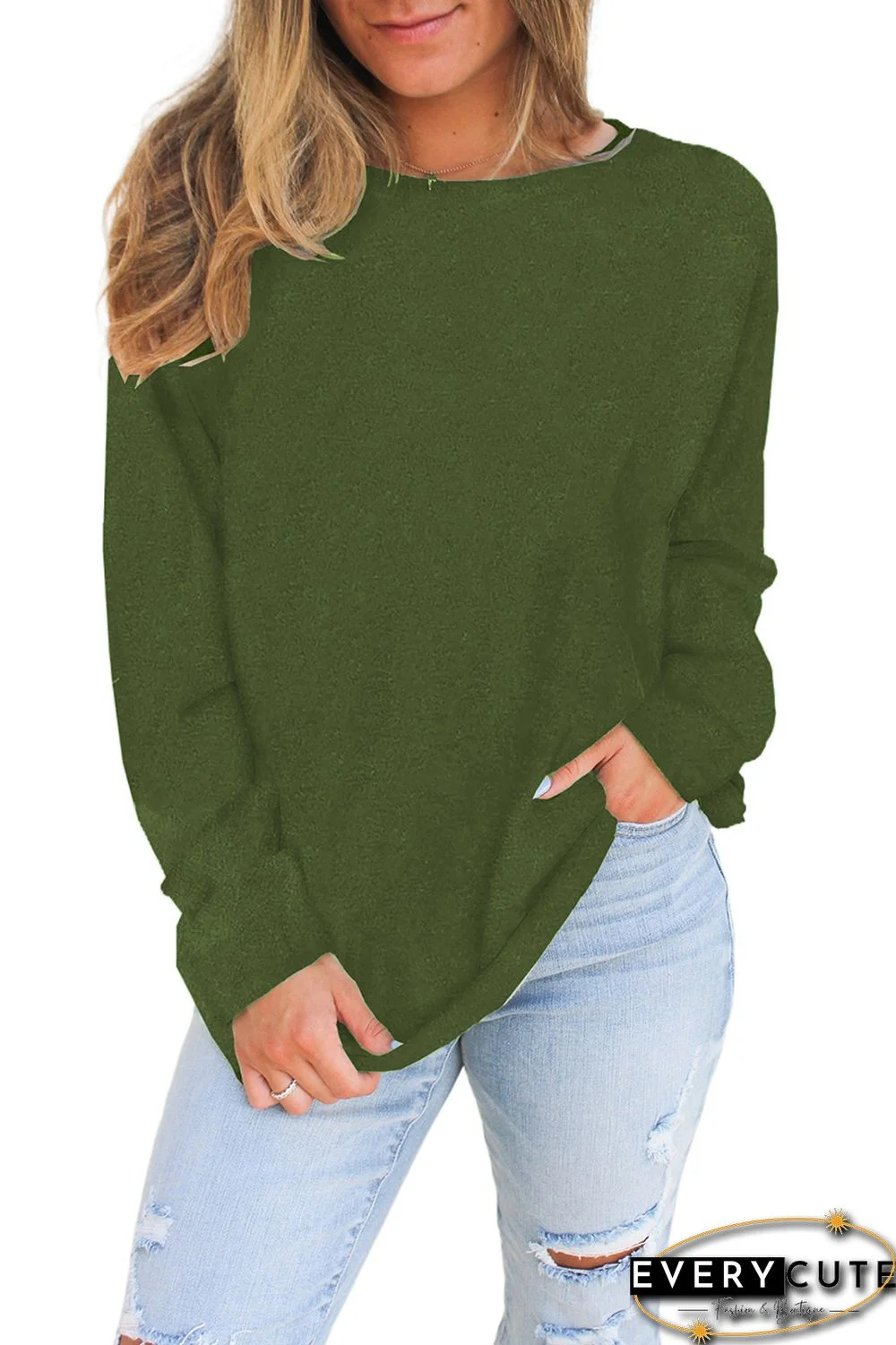 Green Plain Knit Long Sleeve Top
