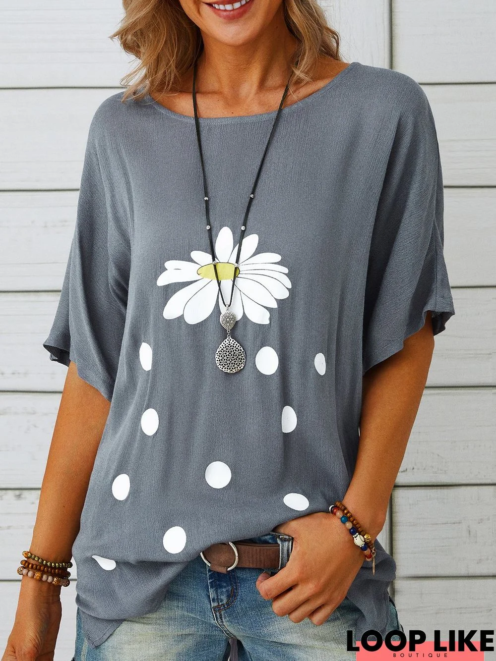 Gray Floral Casual Shift T-shirt