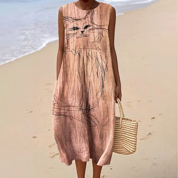 Women's Cat Art Linen Tank Midi Dress