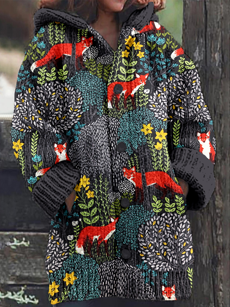 Fox in the Forest Graphic Cozy Hooded Cardigan wearshes
