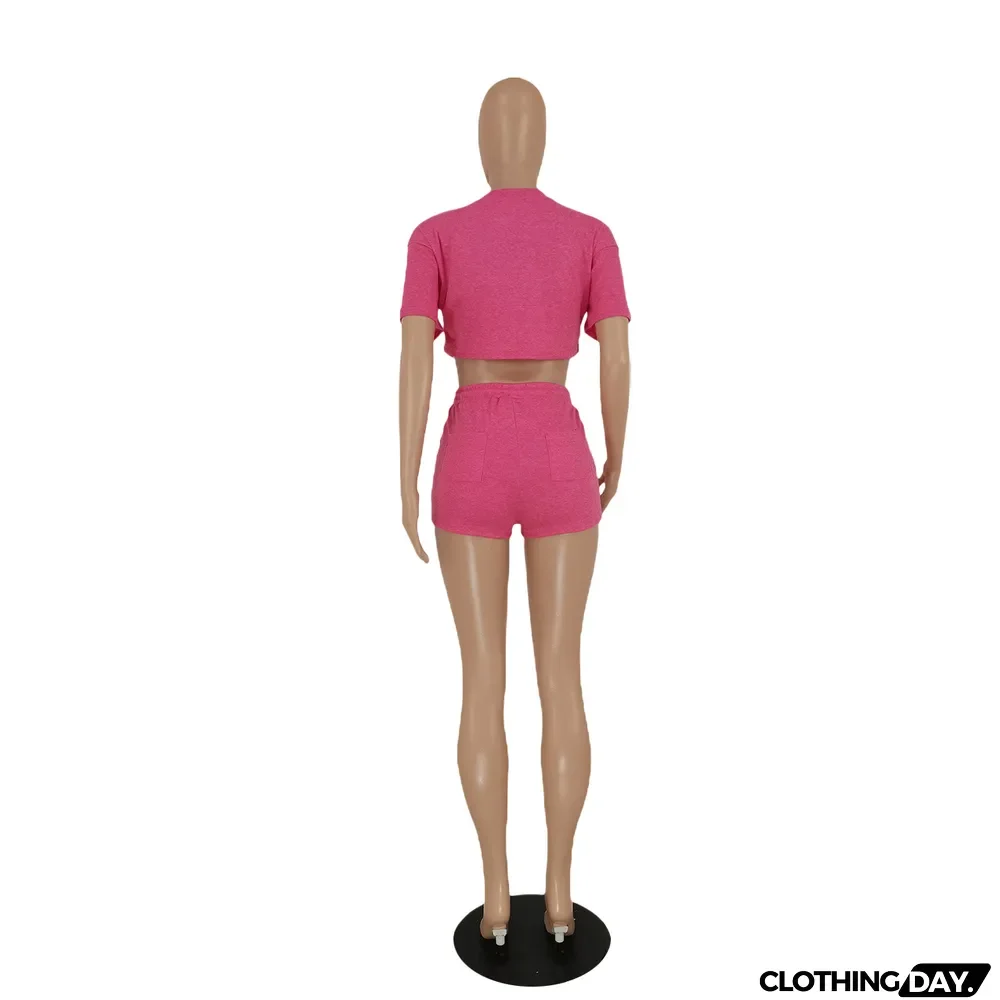 Short Sleeve Solid Crop Tops And Shorts 2 Piece Set