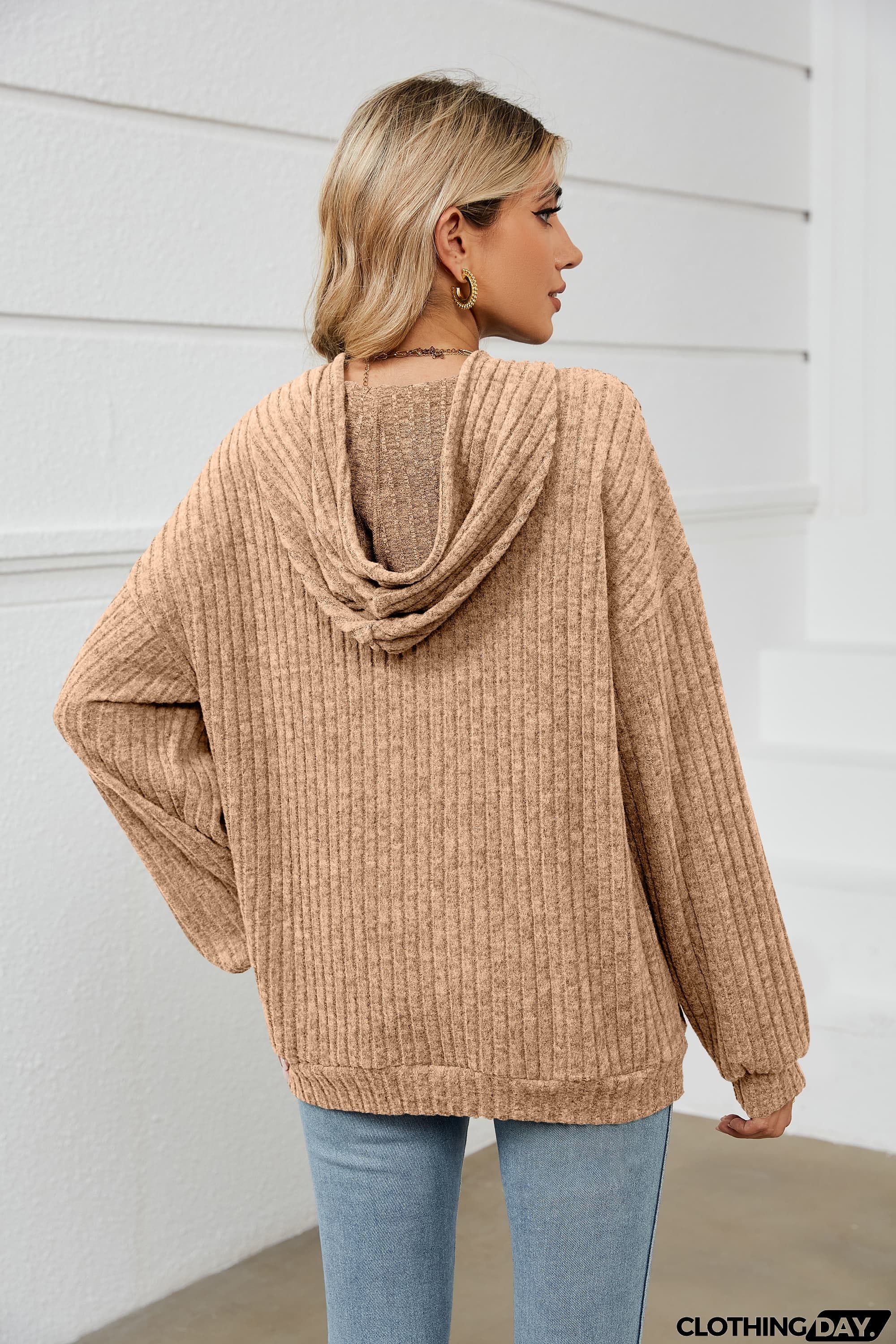 Drawstring Dropped Shoulder Ribbed Hoodie