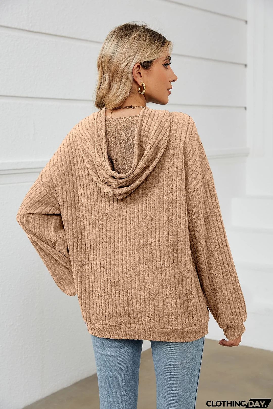 Drawstring Dropped Shoulder Ribbed Hoodie