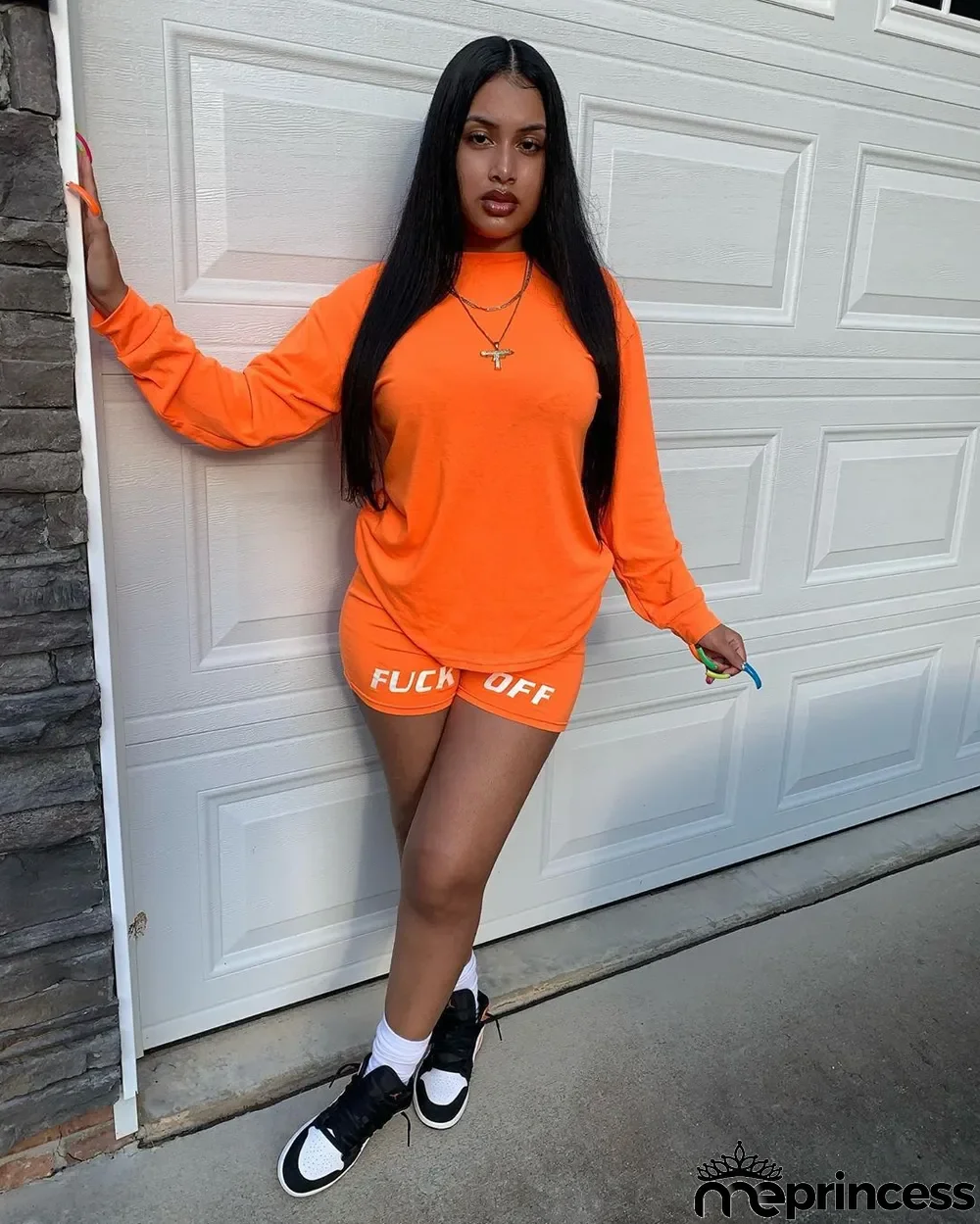 Letter Print Long Sleeve Two Piece Shorts Set