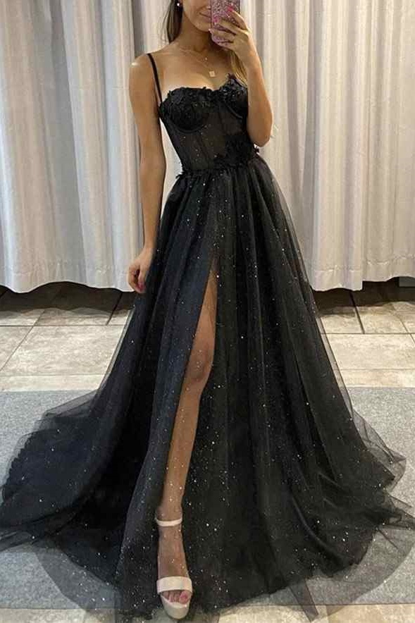 Ovlias Breathtaking Black Spaghetti Strap Backless Layered Prom Dress LY0444
